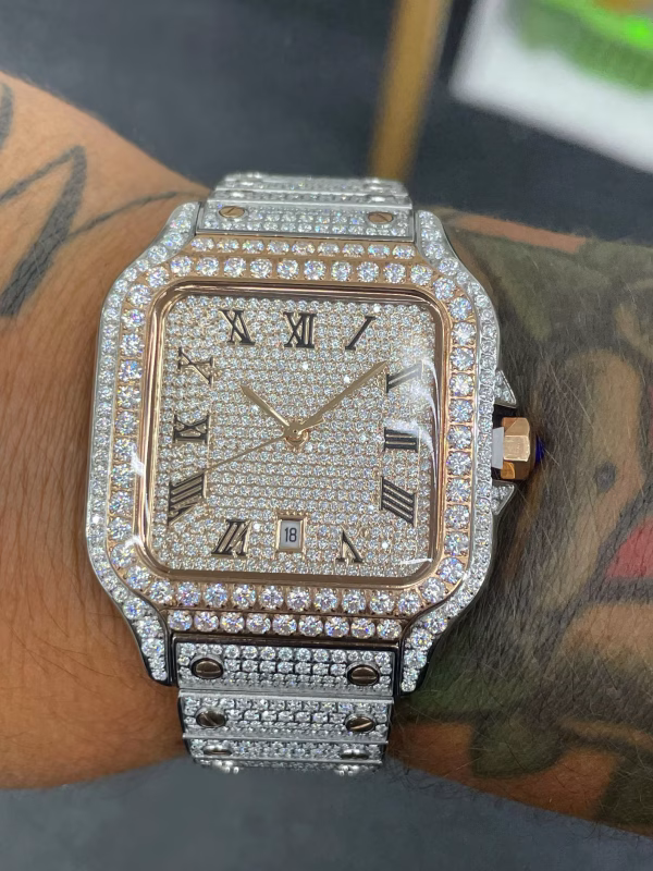 Luxurious Two-Tone Rose Gold Stainless Steel 40mm Box Watch with VVS Moissanite - Image 1