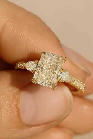 Radiant Cut Engagement Ring, Gold Pear Side Stone Ring, Vintage Style Wedding Ring, Three Stone Ring, Wedding Bridal Jewelry Gifts for Women - Image 3