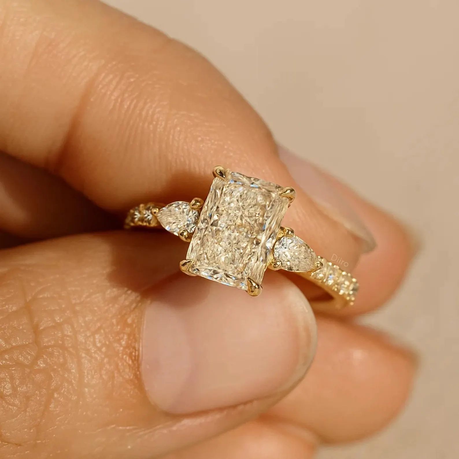 Radiant Cut Engagement Ring, Gold Pear Side Stone Ring, Vintage Style Wedding Ring, Three Stone Ring, Wedding Bridal Jewelry Gifts for Women - Image 3