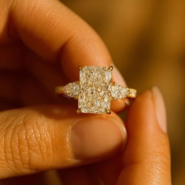 Radiant Cut Engagement Ring, Gold Pear Side Stone Ring, Vintage Style Wedding Ring, Three Stone Ring, Wedding Bridal Jewelry Gifts for Women - Image 4