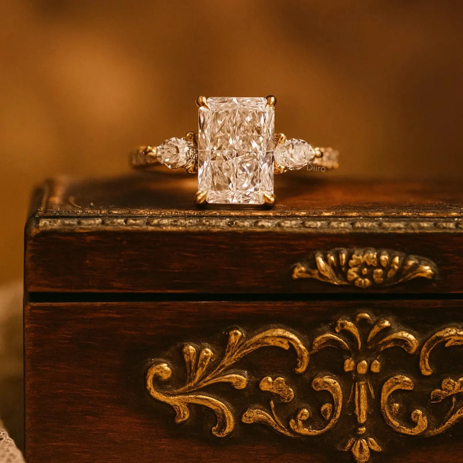 Radiant Cut Engagement Ring, Gold Pear Side Stone Ring, Vintage Style Wedding Ring, Three Stone Ring, Wedding Bridal Jewelry Gifts for Women - Image 1