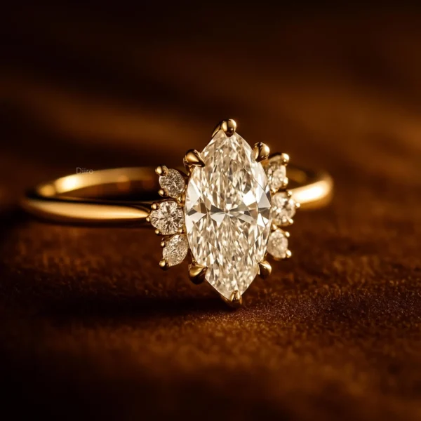 Elegant Marquise Diamond Engagement Ring 14K Yellow Gold Ring Floral Cluster Vintage Bridal Ring Unique Statement Gift Fine Jewelry for Her - Image 2