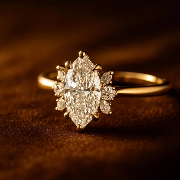 Elegant Marquise Diamond Engagement Ring 14K Yellow Gold Ring Floral Cluster Vintage Bridal Ring Unique Statement Gift Fine Jewelry for Her - Image 4
