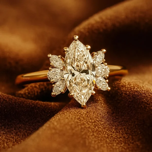 Elegant Marquise Diamond Engagement Ring 14K Yellow Gold Ring Floral Cluster Vintage Bridal Ring Unique Statement Gift Fine Jewelry for Her - Image 1