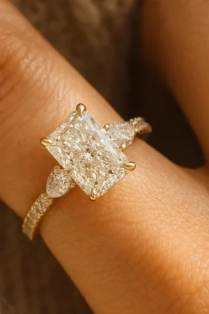 Radiant Cut Engagement Ring, Gold Pear Side Stone Ring, Vintage Style Wedding Ring, Three Stone Ring, Wedding Bridal Jewelry Gifts for Women - Image 2