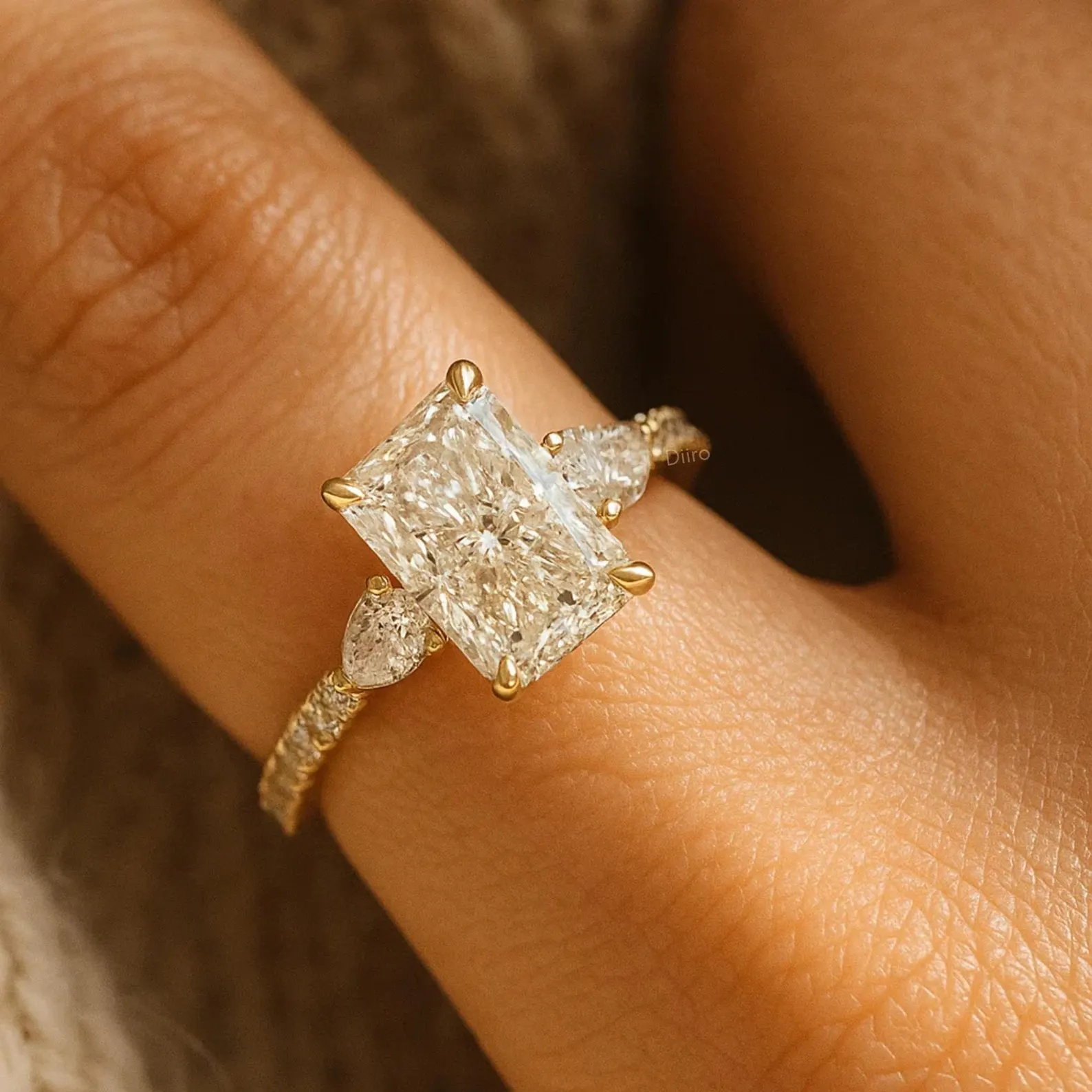 Radiant Cut Engagement Ring, Gold Pear Side Stone Ring, Vintage Style Wedding Ring, Three Stone Ring, Wedding Bridal Jewelry Gifts for Women - Image 2